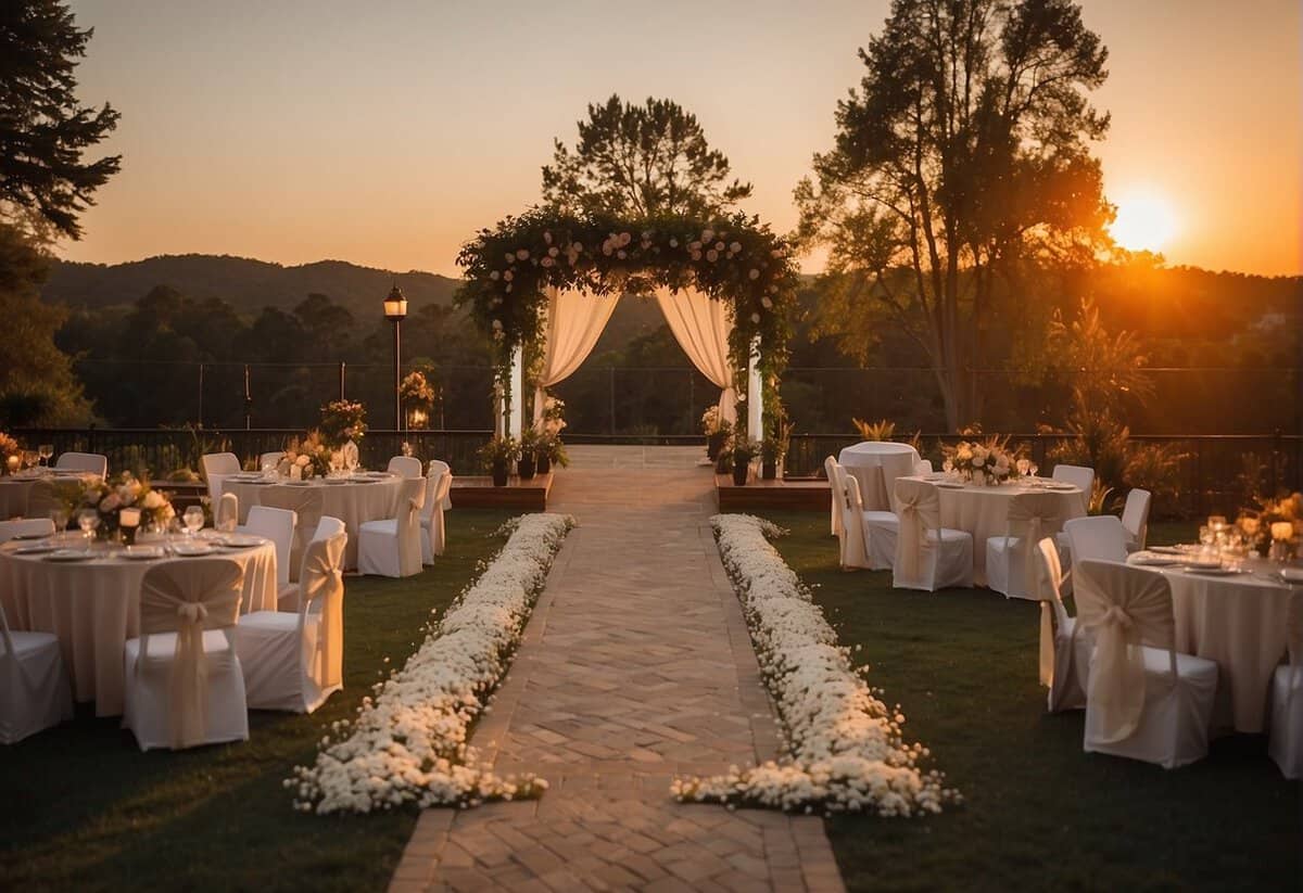 The sun sets behind a serene outdoor wedding venue. A warm glow illuminates the scene as guests arrive, considering the late hour