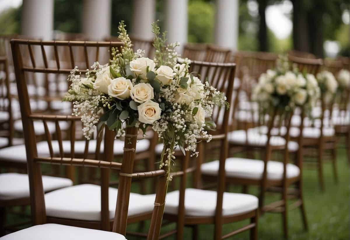 A beautifully decorated venue with 50 empty chairs arranged for a wedding ceremony