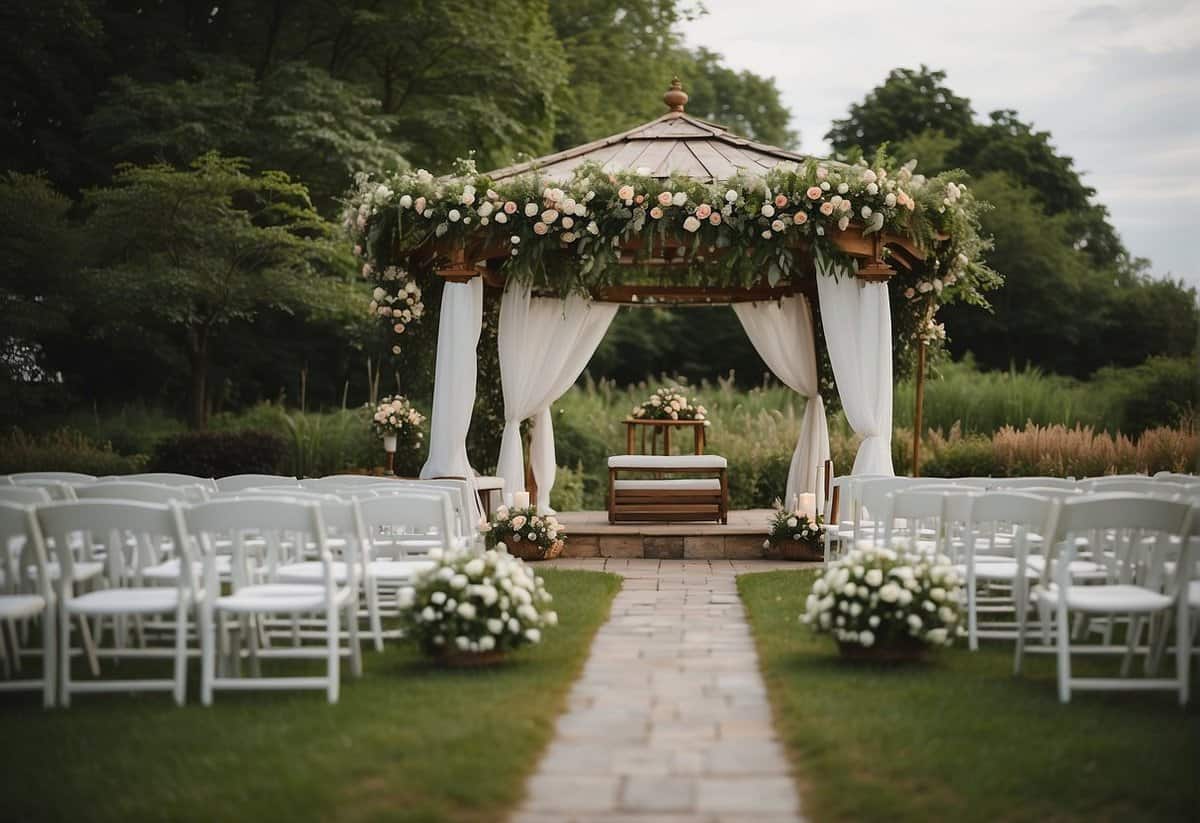 A cozy outdoor setting with a small gazebo adorned with flowers, surrounded by lush greenery. A few rows of chairs are set up for guests, with a simple yet elegant altar at the front