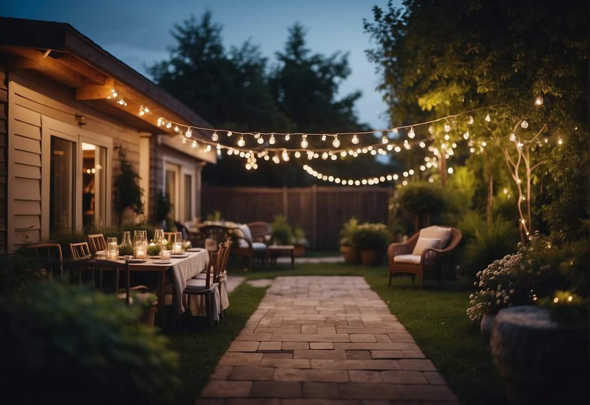 A cozy backyard with a small, elegant wedding setup, surrounded by lush greenery and twinkling lights under a starry night sky