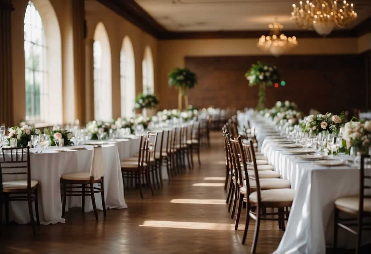 A bustling wedding venue with empty chairs and tables, a large open space, and a sense of anticipation for the arrival of guests