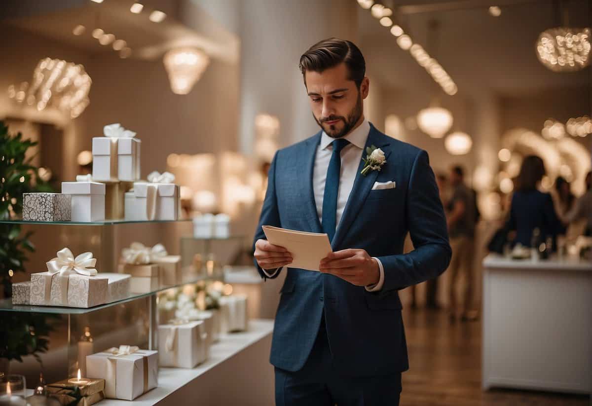 A person standing in front of a display of wedding gifts, looking contemplative and holding a wedding invitation in one hand