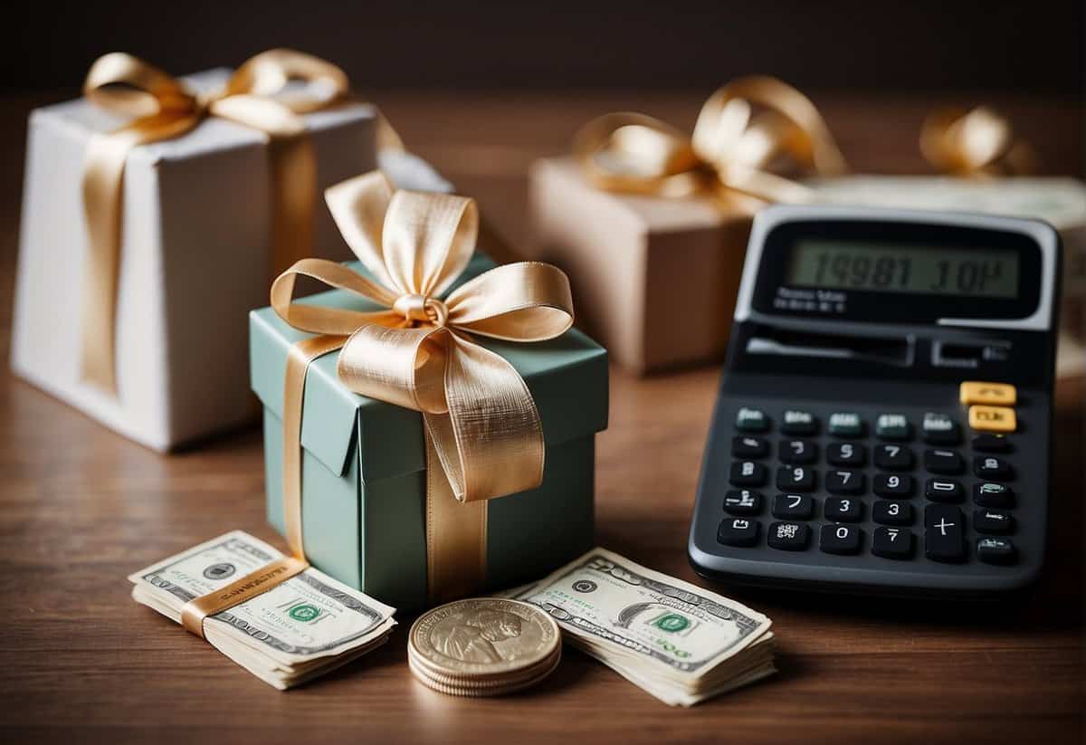 A wedding gift box with a ribbon and a tag, surrounded by a pile of cash and a calculator displaying the maximum tax-free gift amount