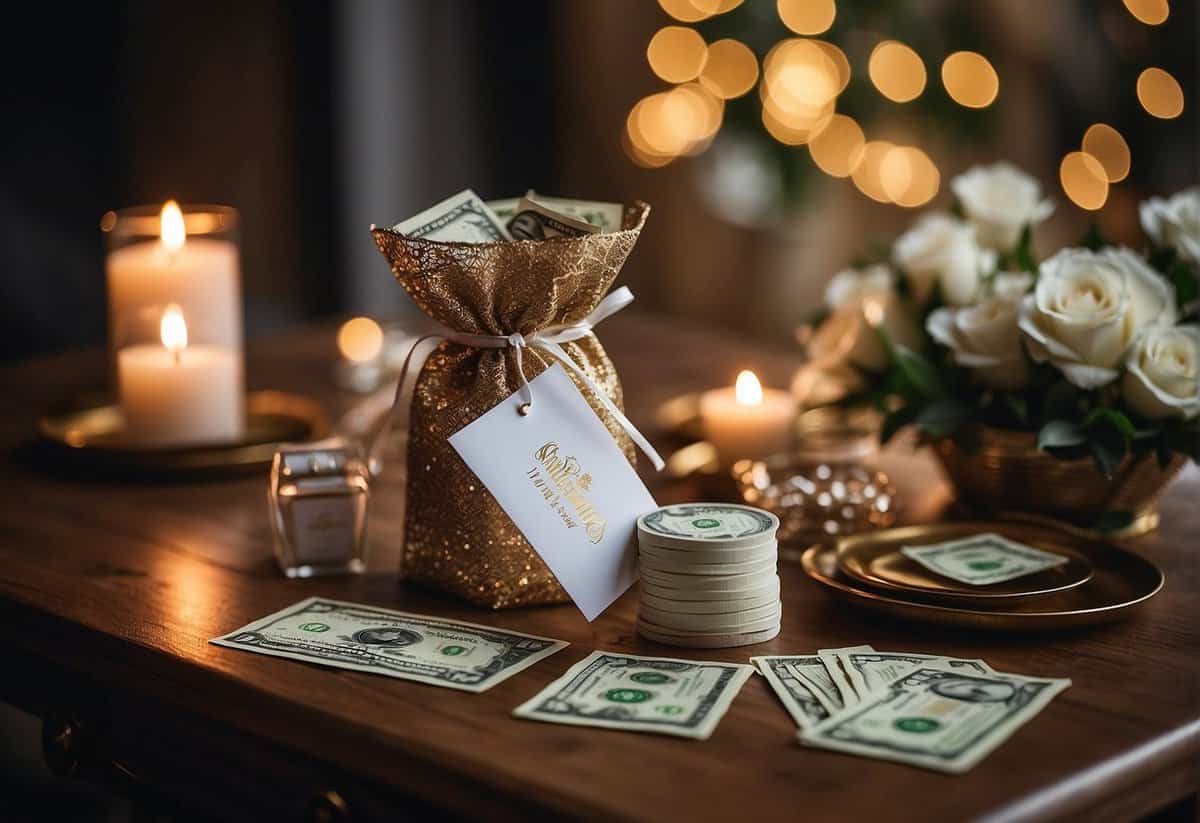 The wedding gift money sits on a table, surrounded by decorative envelopes and cards. A sign indicates where guests should place their contributions