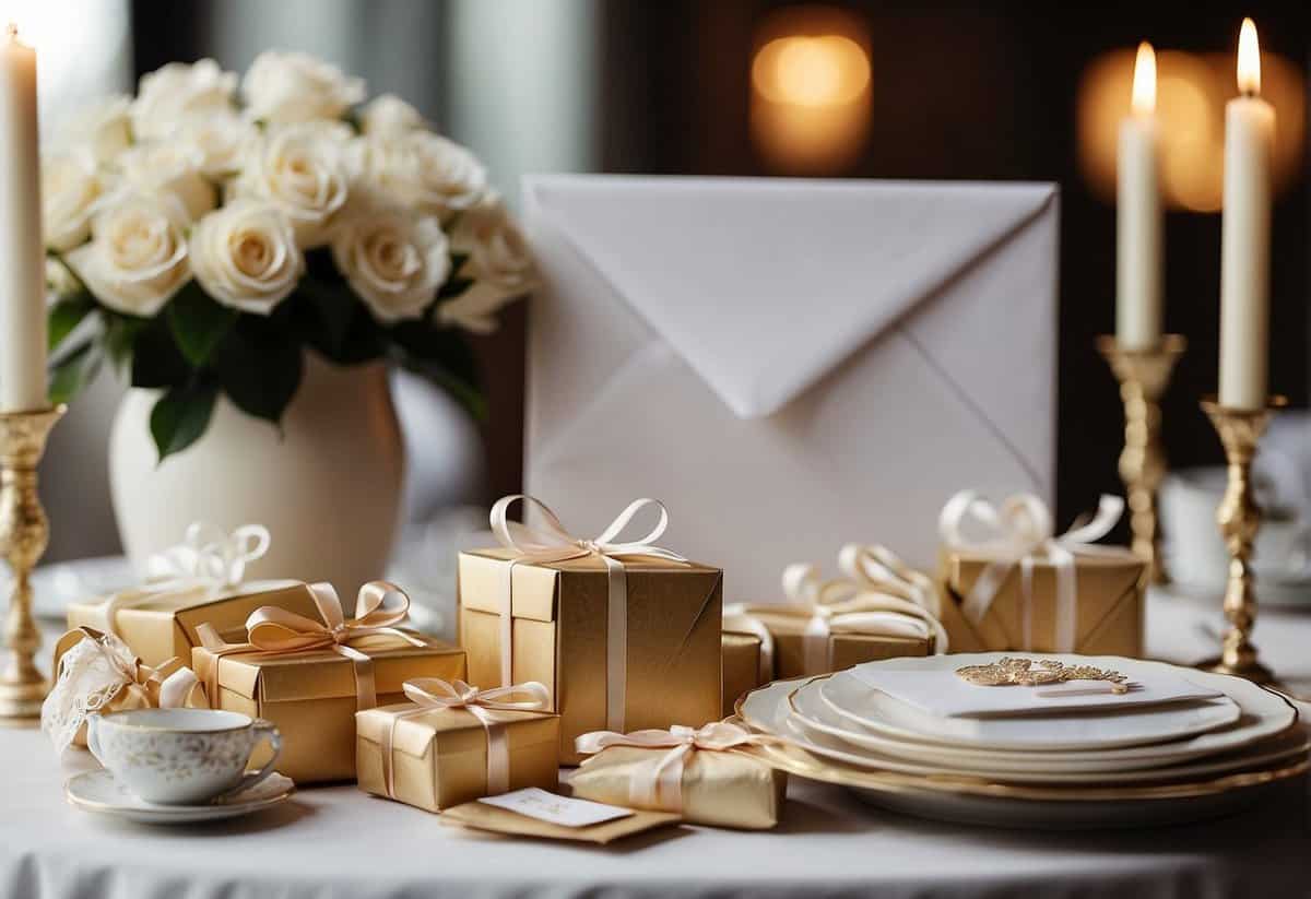 A table with a pile of wedding gifts and envelopes. A sign reads "Wedding Gift Money" with a slot for envelopes