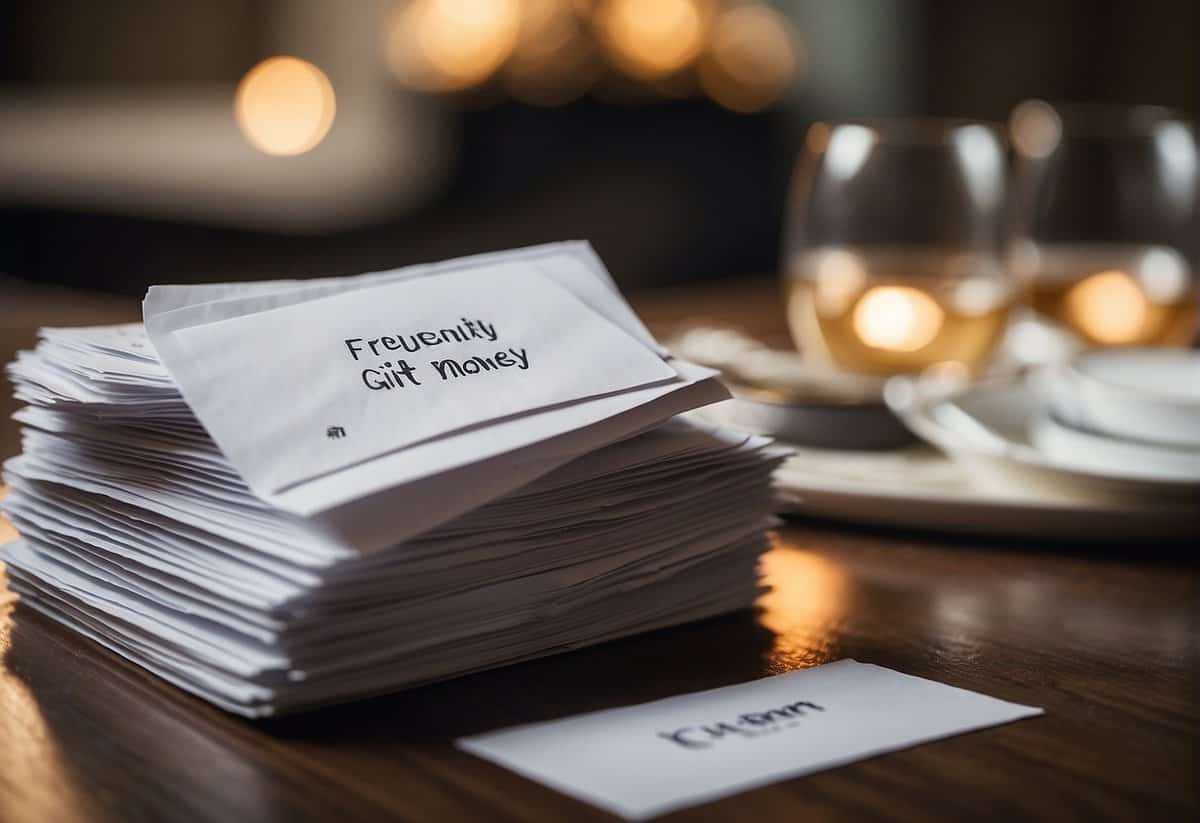 A table with a stack of envelopes labeled "wedding gift money" and a sign reading "Frequently Asked Questions" nearby