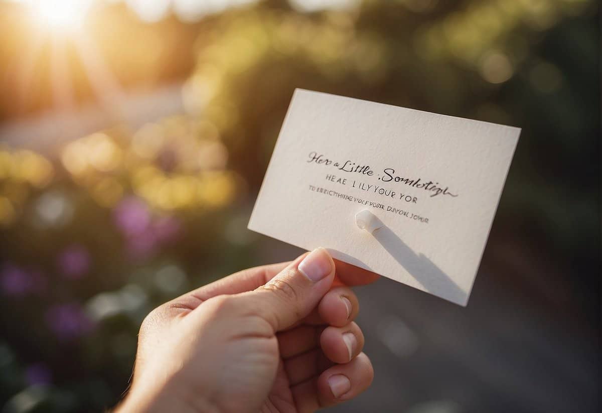 A hand holding a card with the words "Here's a little something to brighten your day!" written in elegant script, with a few bills tucked inside the card