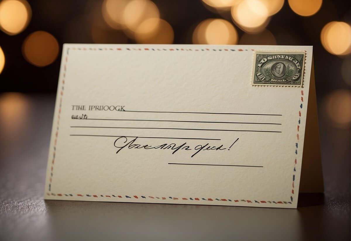 A hand-written card with a simple message next to a crisp bill or a check, placed inside a sleek envelope