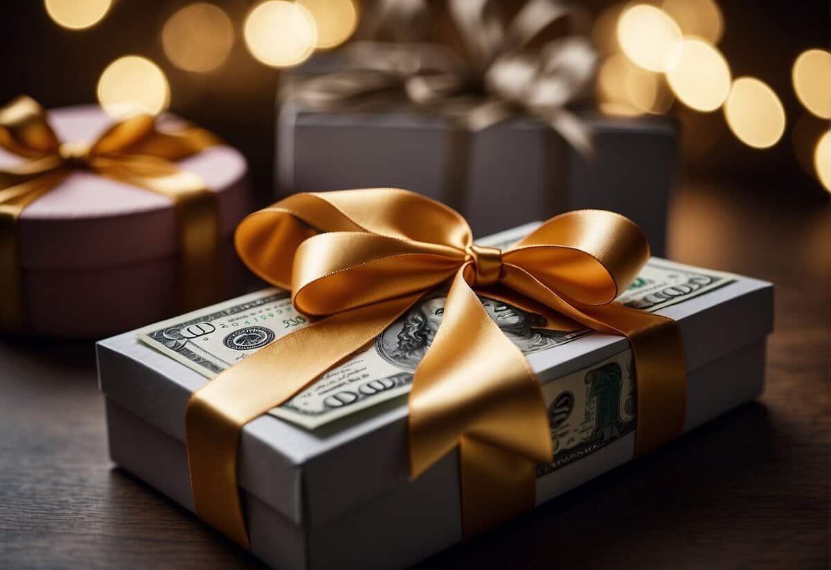 A hand holding out cash with a decorative ribbon around it, placed in a gift box with a bow on top