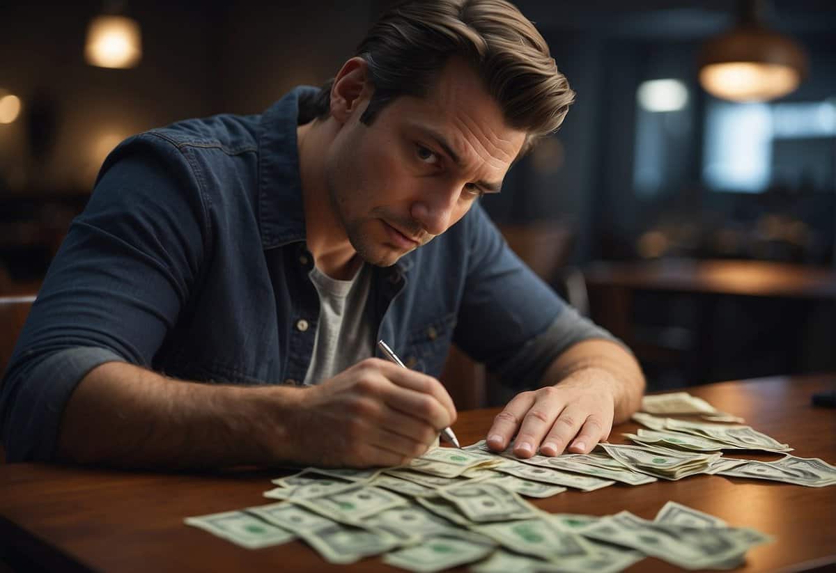 A person sitting at a table, counting money and writing on a piece of paper, with a worried expression on their face