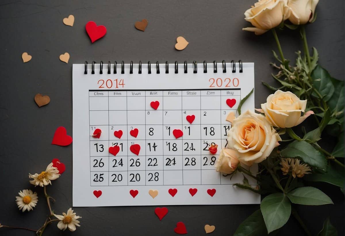 A calendar with crossed out dates, fading heart-shaped decorations, and wilted flowers