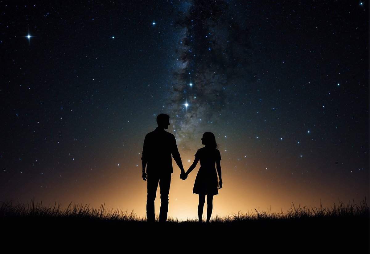 A couple's silhouette under a starry sky, their shadows stretching out as they hold hands, symbolizing the enduring nature of their relationship