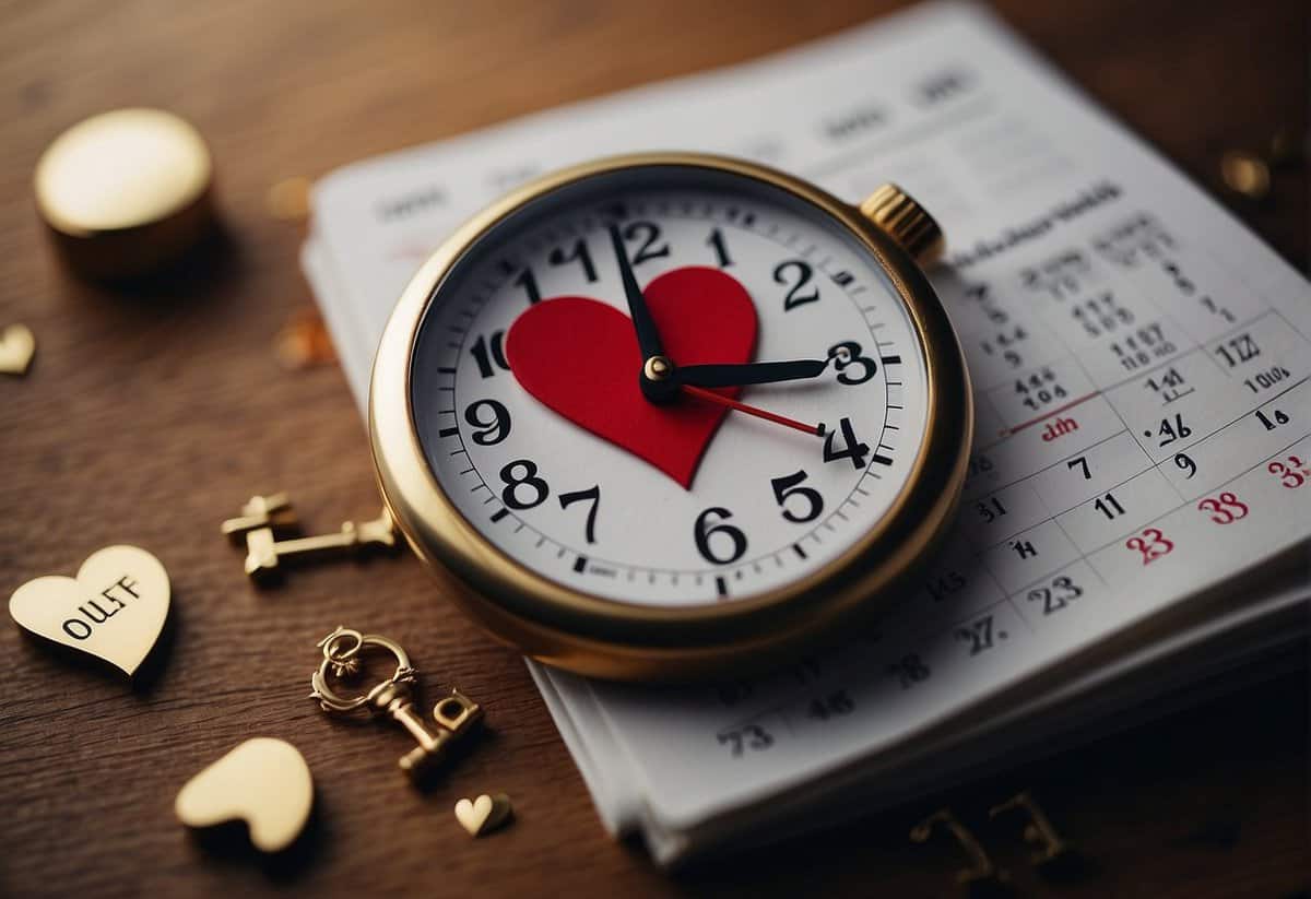 A calendar with crossed out dates, a broken heart symbol, and a clock ticking