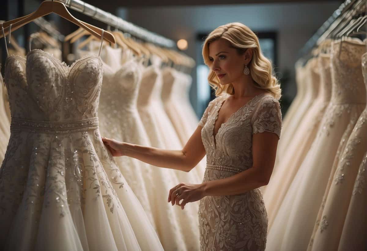 A mother searches through racks of elegant wedding dresses in a bridal boutique, carefully considering each one with a thoughtful expression