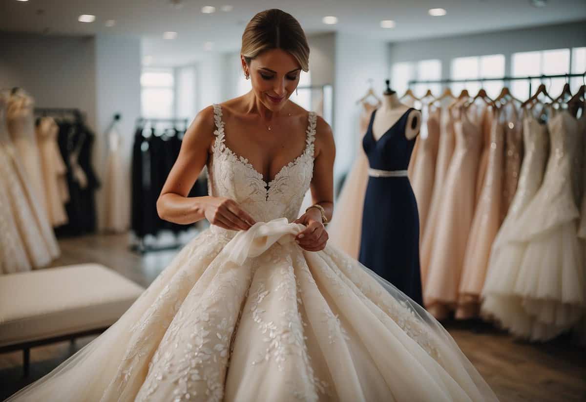 A mother of the bride holds a wedding dress while browsing through accessories and finishing touches at a bridal boutique