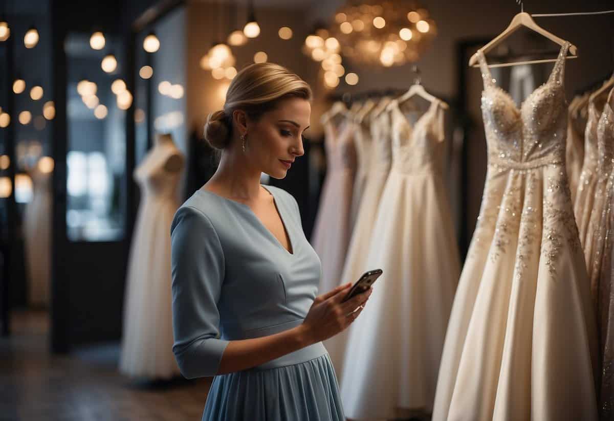 A woman browsing wedding dresses in a boutique, holding a phone with the question "Is it customary for the mother of the bride to buy the wedding dress?" displayed on the screen