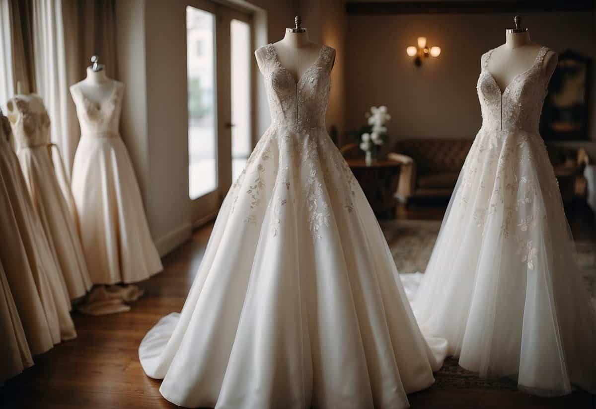 A bride compares two wedding dresses, one for rent and one for purchase, while considering cost and style