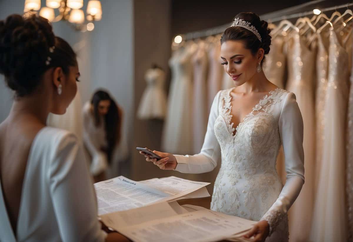 A bride comparing prices of wedding dresses, weighing cost benefits