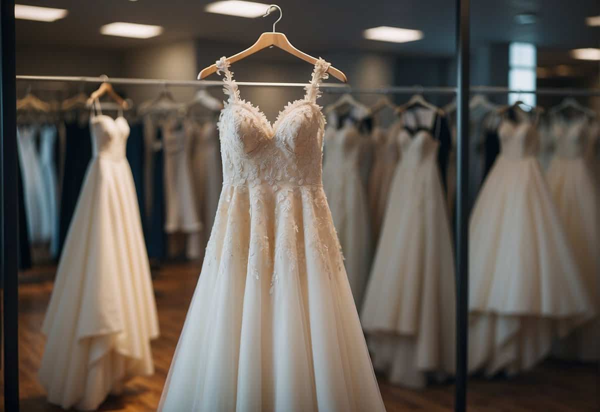 A wedding dress hanging on a rack with a price tag. Customers browsing and comparing prices