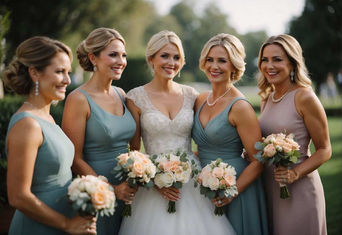 The mother of the bride and bridesmaids wear matching colors at the wedding
