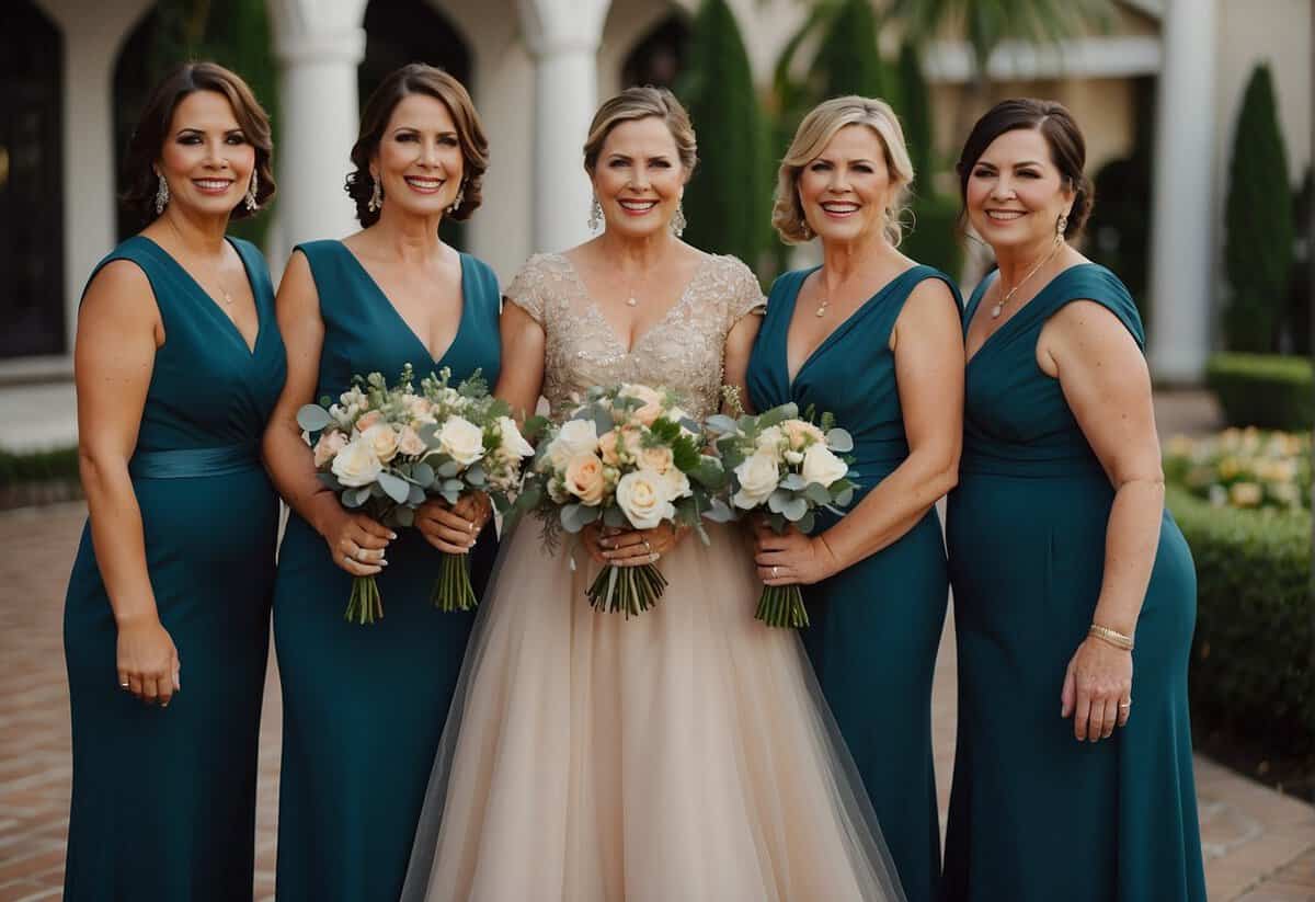 A mother of the bride and bridesmaids in matching colors, standing together with a sense of harmony and unity
