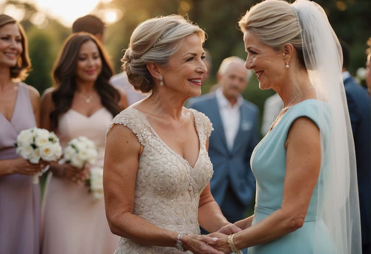 The mother of the bride selects her dress color first, followed by the mother of the groom