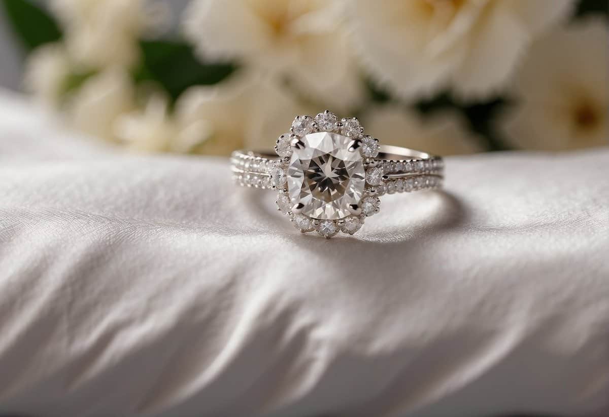 A sparkling engagement ring rests on a white satin pillow, surrounded by delicate lace and flowers