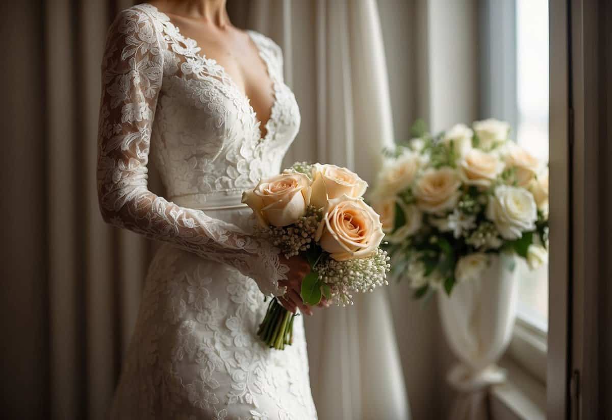 A white lace wedding gown hangs on a door, next to a bouquet of flowers and a sparkling engagement ring on a small dish