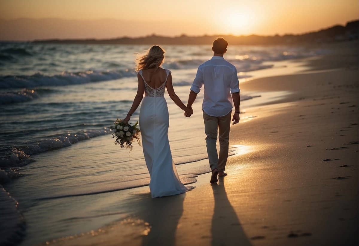 Newlyweds walk hand in hand on a sandy beach, with clear blue waters and a picturesque sunset in the background
