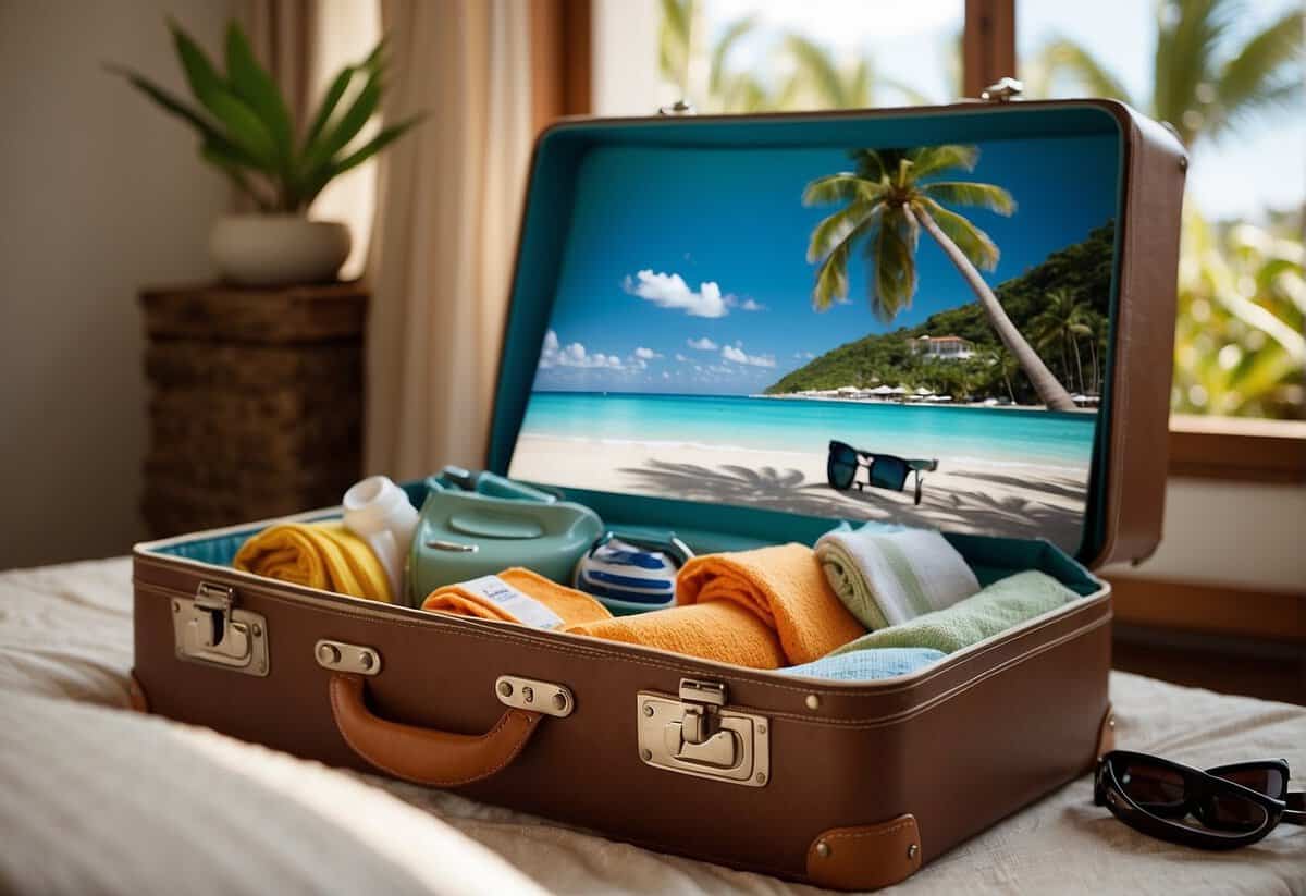 A couple's suitcase open on a bed, filled with beach towels, sunscreen, and travel guides. A map of a tropical destination pinned to the wall