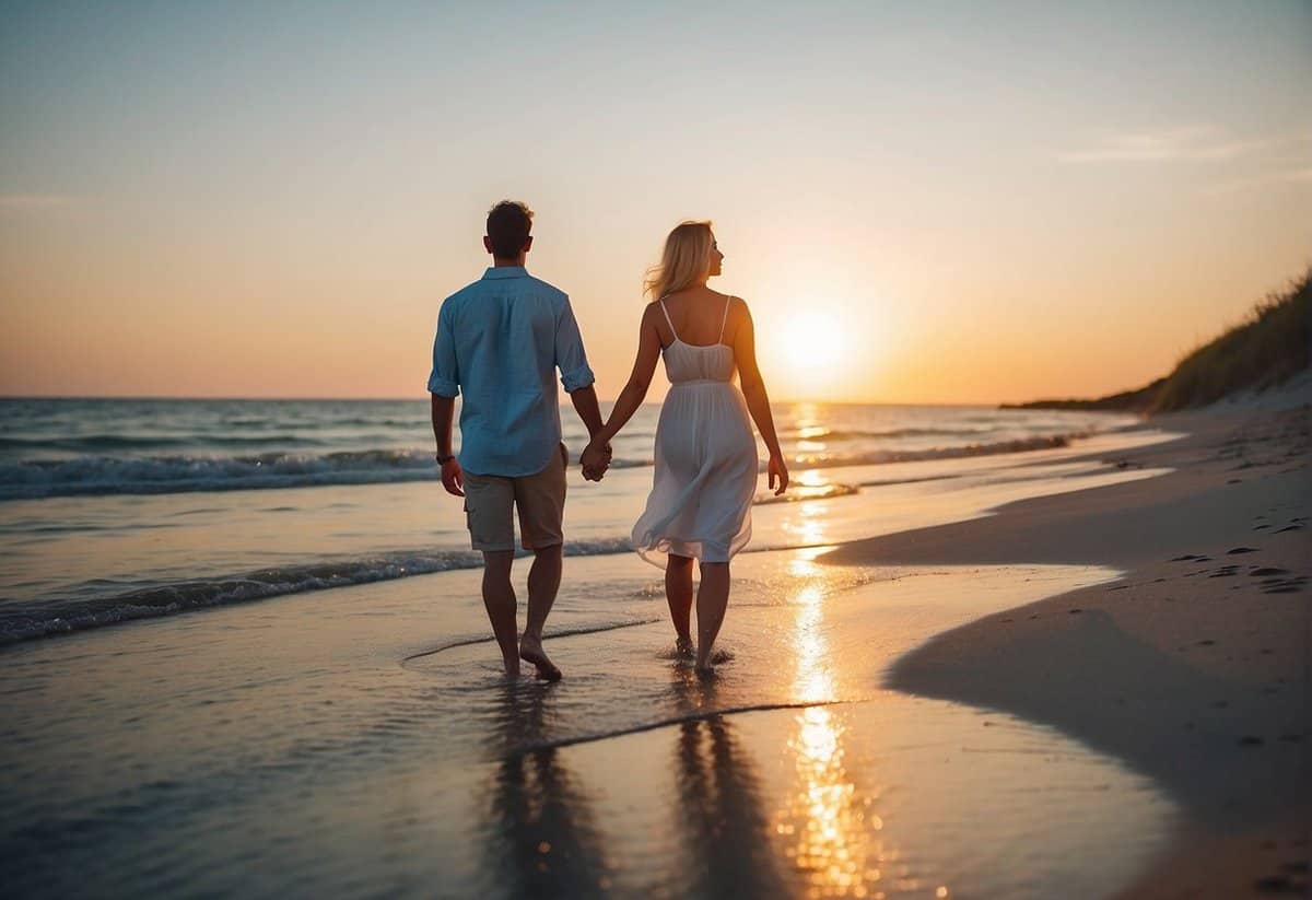 A couple walks hand in hand on a white sandy beach, with crystal clear blue waters and a vibrant sunset in the background