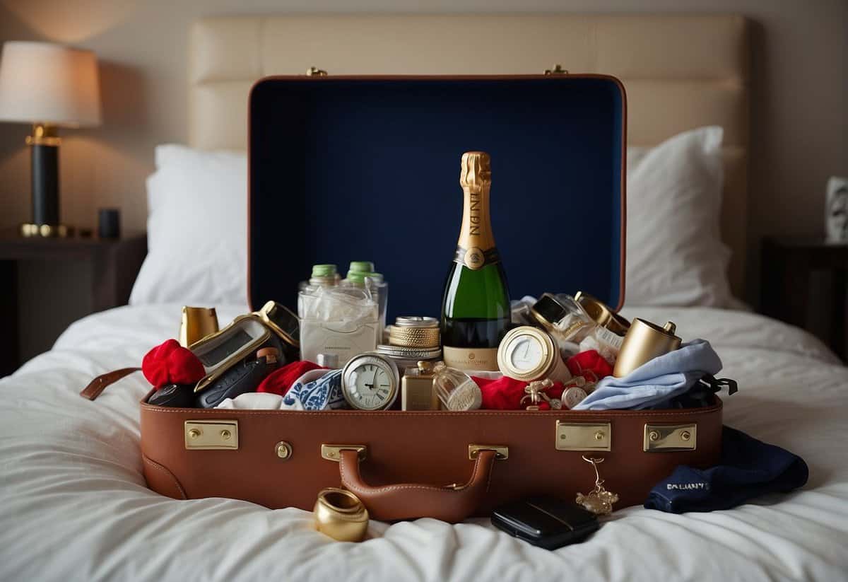 A suitcase lies open on the bed, filled with souvenirs and trinkets. The room is scattered with clothes and empty champagne bottles, a sign of a recent return from a honeymoon