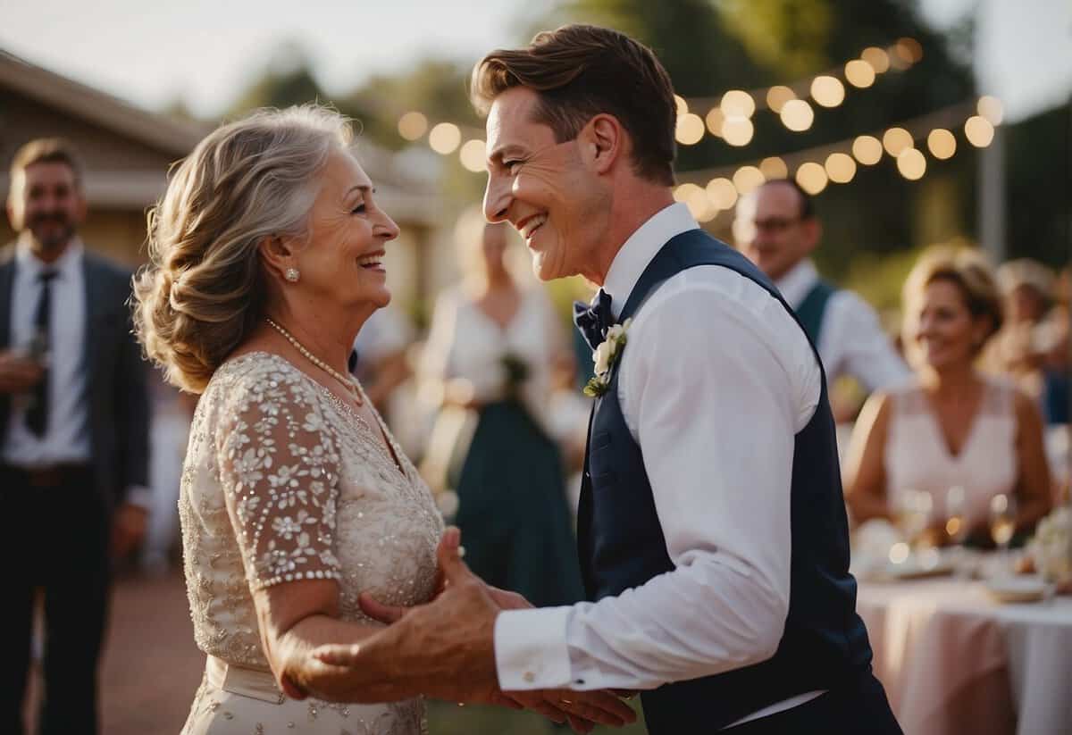 The groom and his mother-in-law dance together joyfully at the wedding reception
