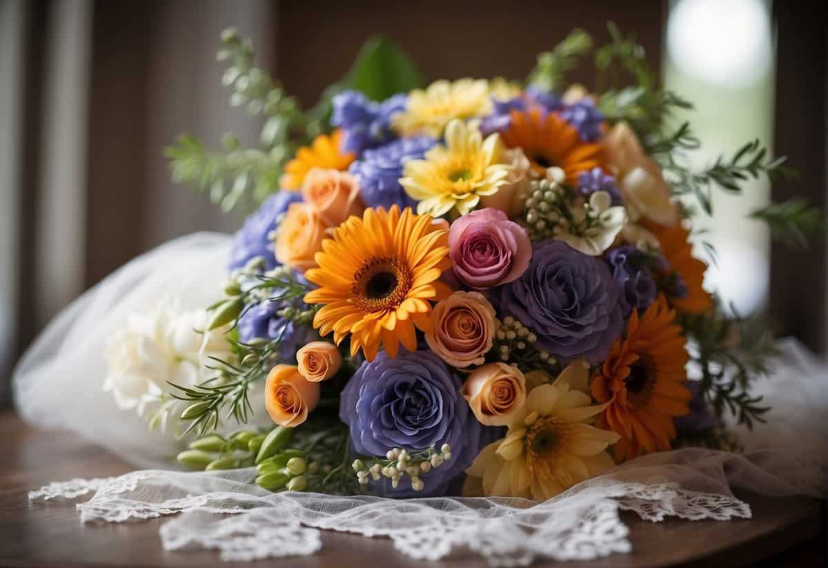 A bouquet of vibrant flowers rests on a delicate lace veil, ready to be carried down the aisle