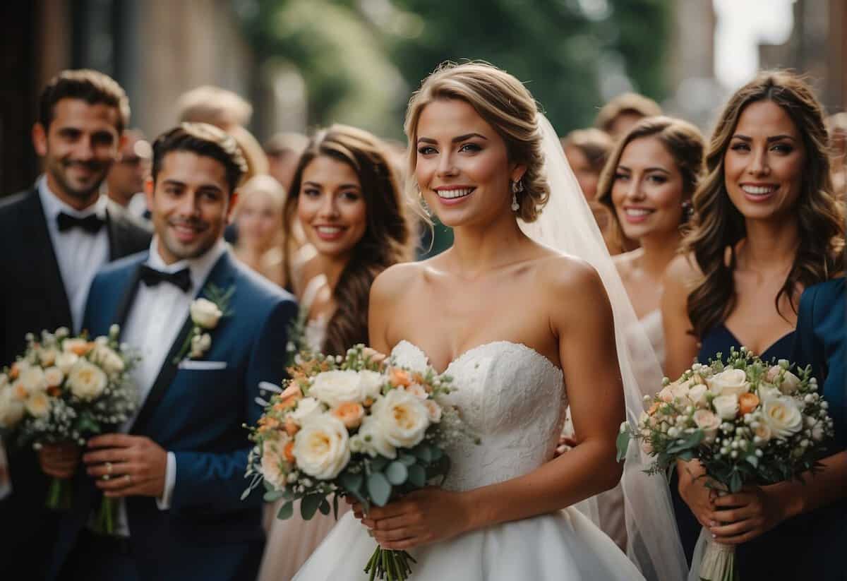 A bride and her entourage, adorned with flowers, celebrate on a wedding day