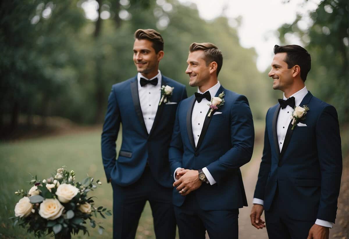 Groom and groomsmen in suits with boutonnieres