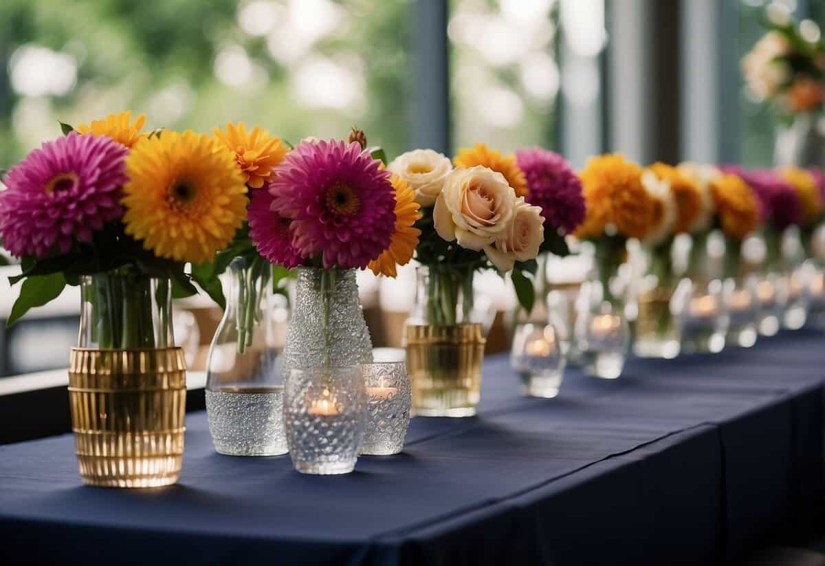 Vibrant flowers arranged in elegant vases for VIP wedding guests