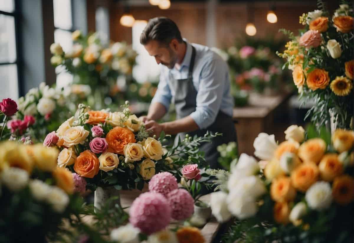 A florist arranges bouquets and centerpieces for a wedding, surrounded by colorful blooms and greenery