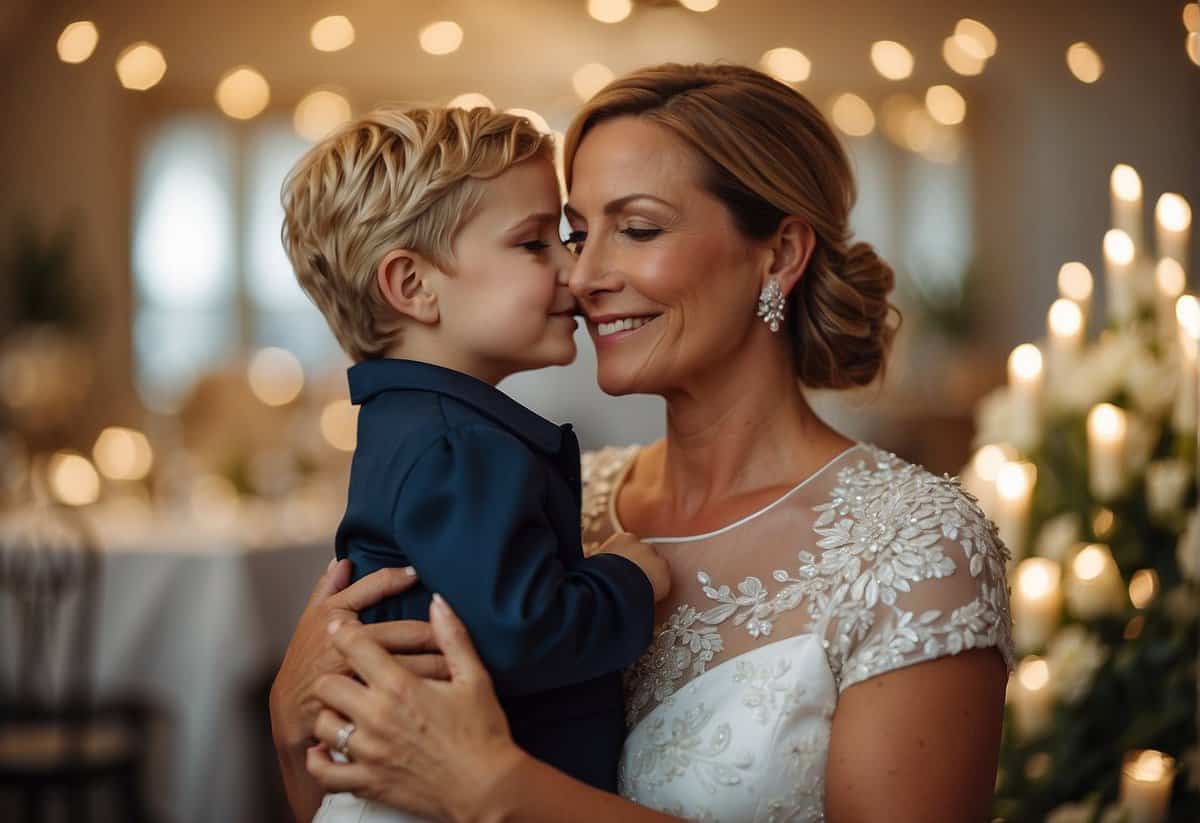 A mother embraces her son, expressing love and pride on his wedding day
