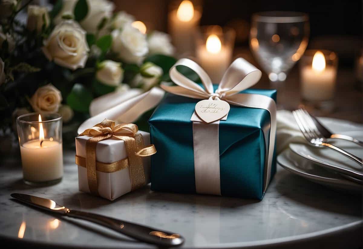 The groom's parents present a beautifully wrapped gift box tied with a satin ribbon, containing a set of elegant silverware and a handwritten note expressing their love and best wishes