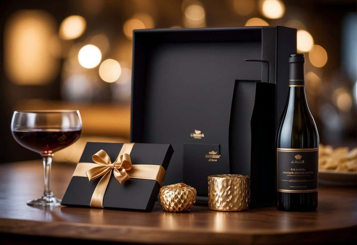A beautifully wrapped package containing a mix of traditional and contemporary gift items, such as a personalized photo frame, a bottle of fine wine, and a gift certificate to a favorite restaurant