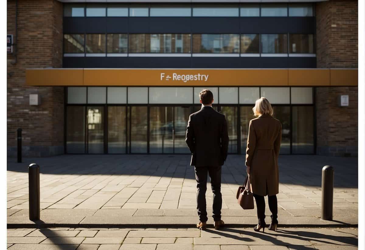 A couple stands at a registry office entrance, gazing at the building's sign. The sun shines down on the scene, casting a warm glow over the moment