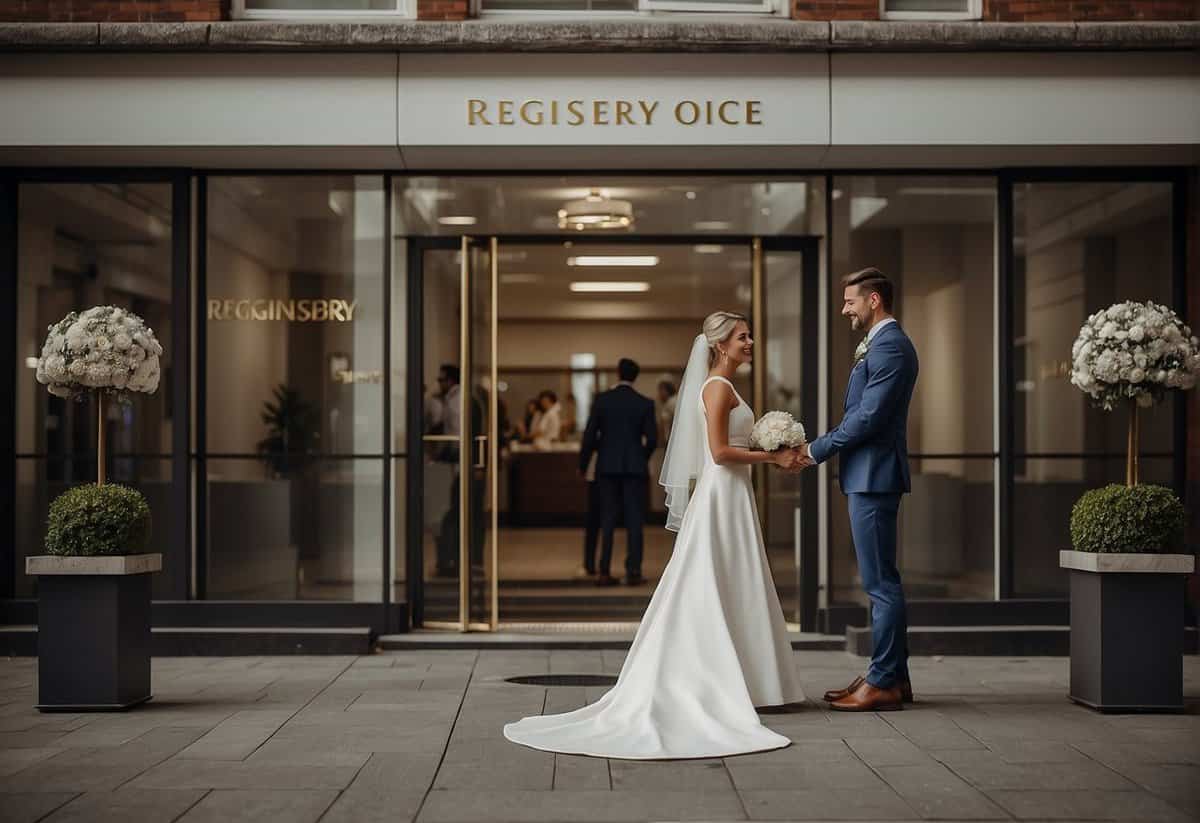 A couple stands at the entrance of a registry office, exchanging vows as an officiant looks on. The building features a simple, elegant design with a sign displaying the words "Registry Office" prominently