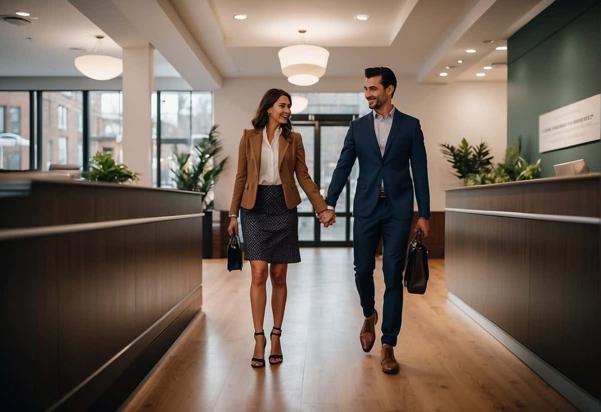 A couple walks into a registry office, looking at the receptionist and holding hands. They inquire about getting married and discuss the process with the staff