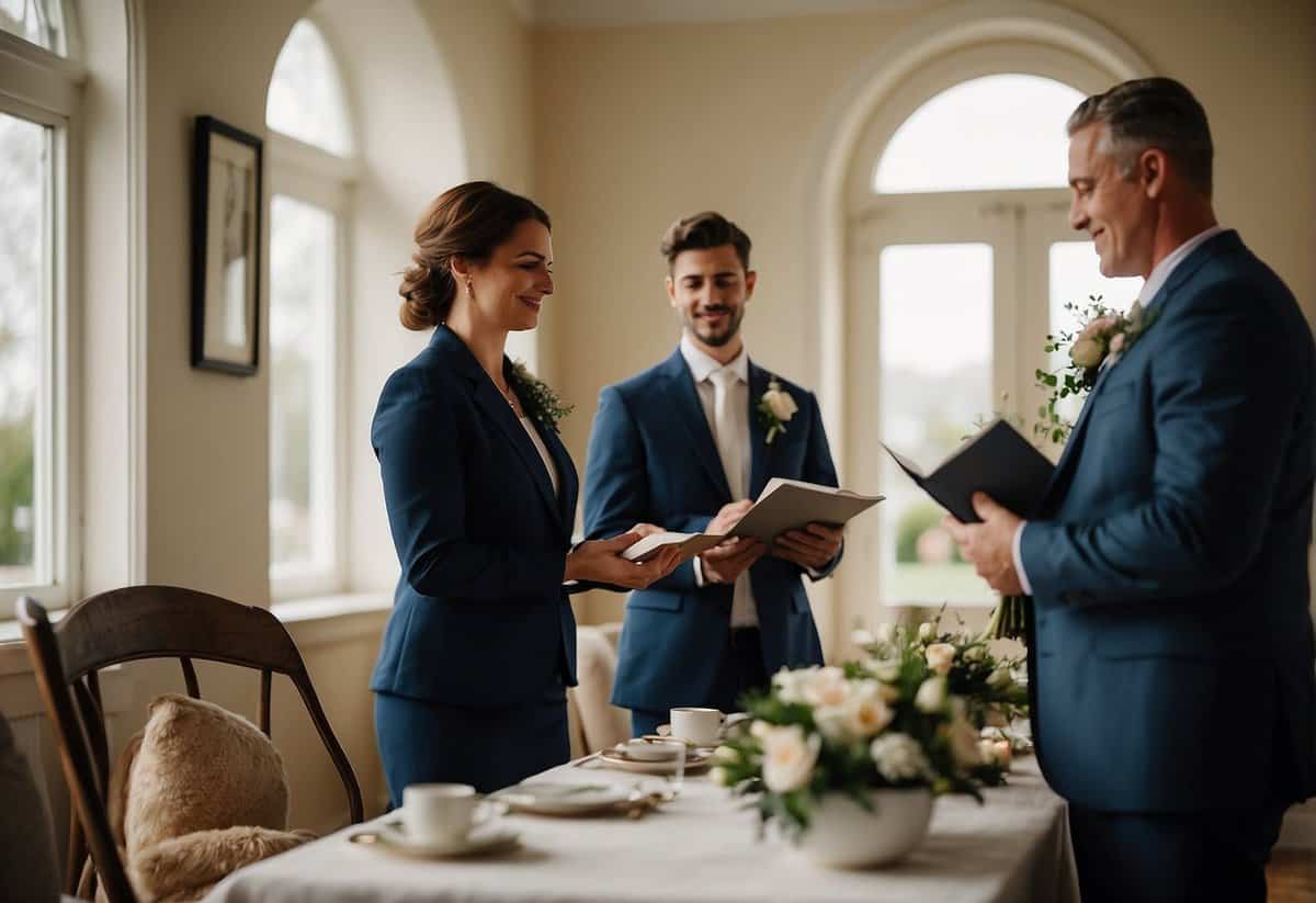 A couple stands in their home, exchanging vows as a licensed officiant presides. Legal documents are signed and witnessed, fulfilling the requirements for a legal marriage in the UK