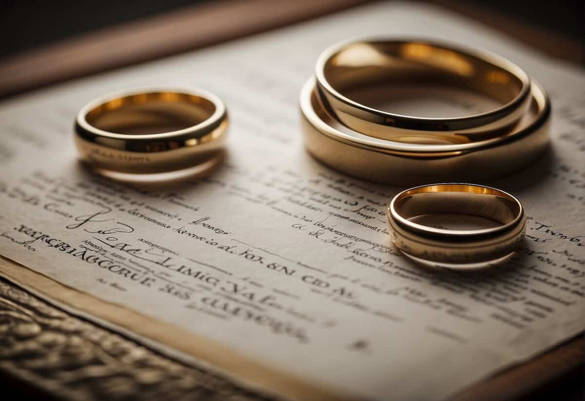 A home setting with a ceremonial table, marriage certificate, and two rings symbolizing a legal marriage in the UK