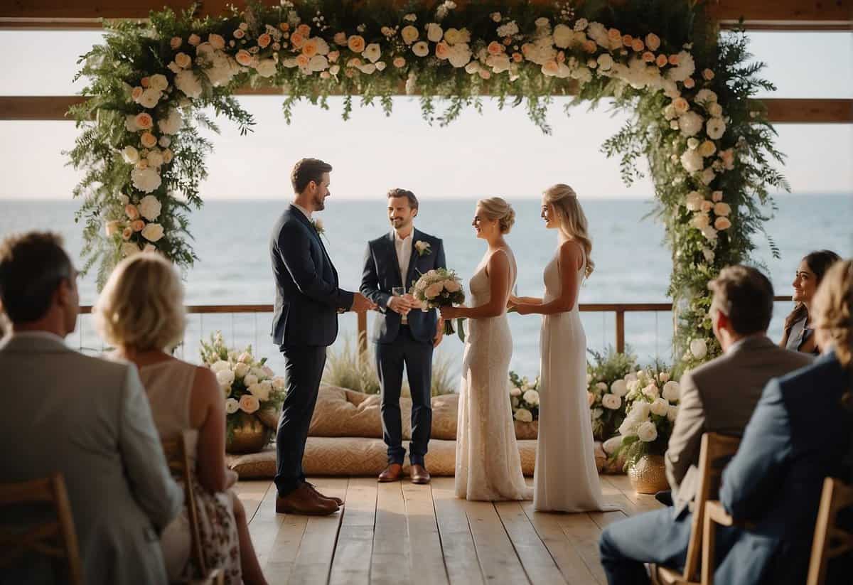 A cozy living room with a wedding arch and flowers set up, a celebrant standing ready, and a couple exchanging vows in front of a small group of close family and friends