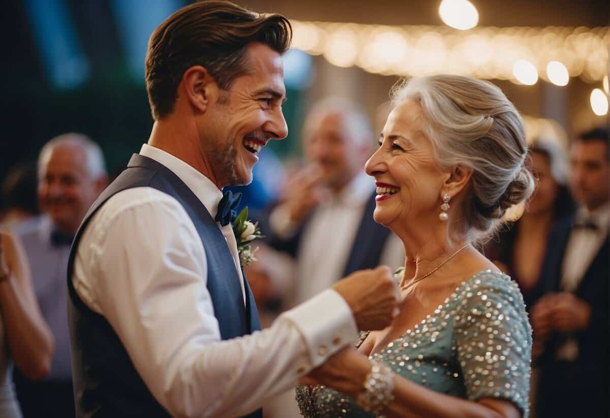 The groom and his mother dance together joyfully