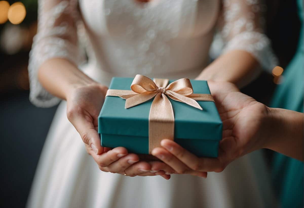A wrapped gift box is presented to the bride by the mother-in-law