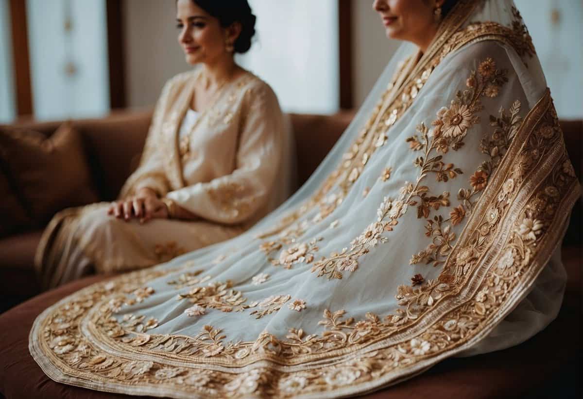 A beautifully embroidered traditional shawl is presented by the mother-in-law to the bride, symbolizing love, acceptance, and the passing down of family traditions